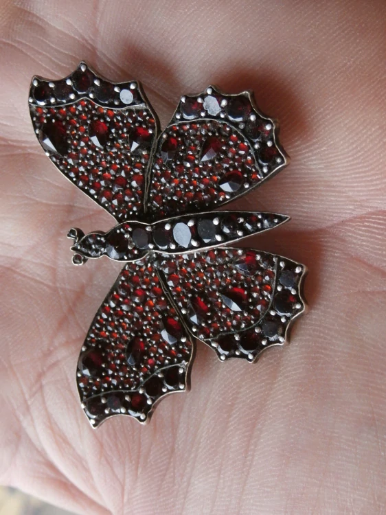 Starožitná velká brož 5,3cm motýl s českými granáty a etuí