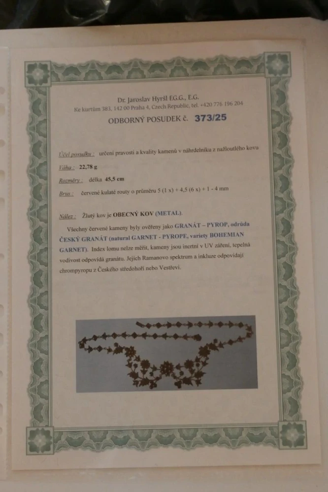 Starožitný bidermaier náhrdelník s českými granáty etuí + posudek